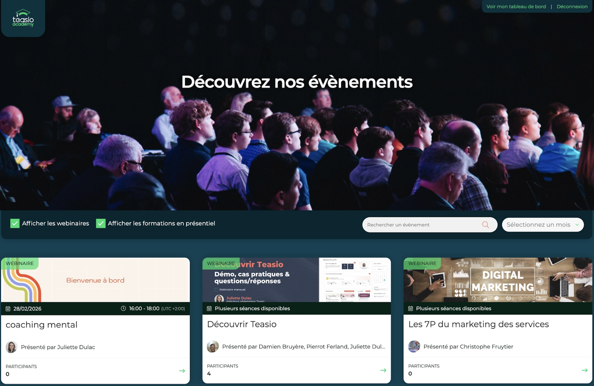 Liste des évènements dans Teasio avec filtres et cartes webinaires