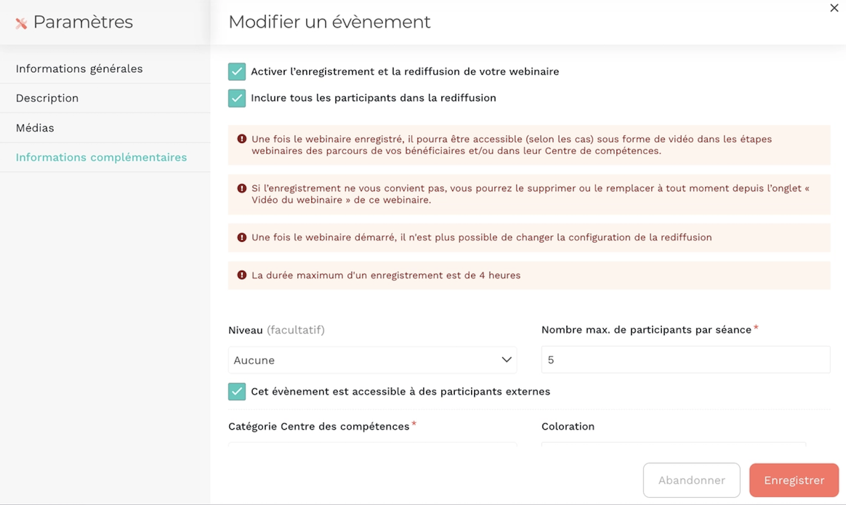 Paramètres complémentaires d'un webinaire : activation de l'enregistrement et de la rediffusion