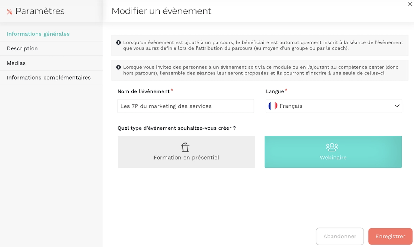 Fenêtre de configuration d'un évènement dans Teasio
