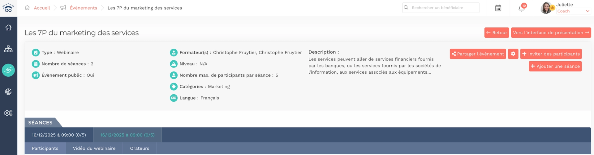 Page de gestion d'un évènement dans Teasio avec formateurs, description et séances